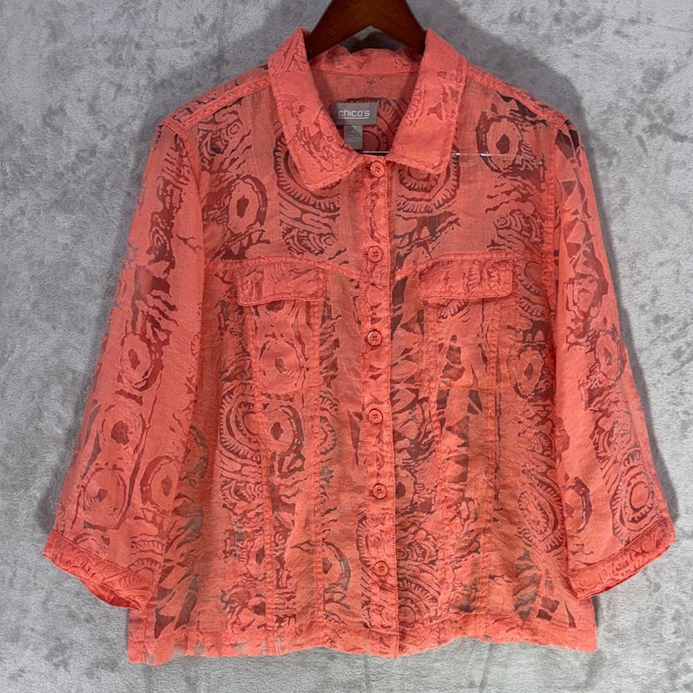 Chico's Coral Lace-Pattern Sheer Button-Down Shirt Size L Chico's 2
